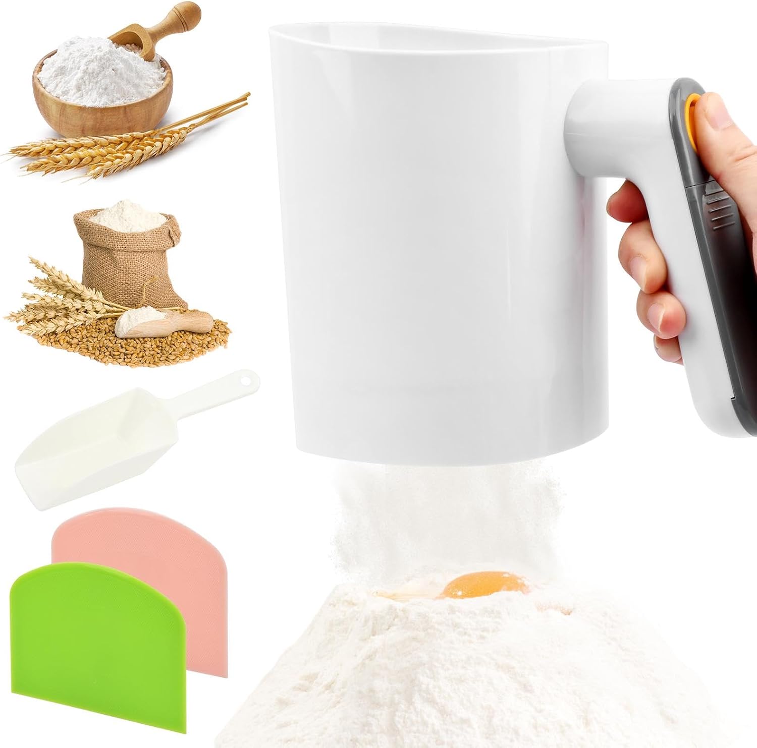 Electric Flour Sifter for Baking, 4 Cup Battery Operated Flours Sieve Cup, with Flour Scoop & 2 Dough Scrapers, One-Hand Operation with Comfortable Grip, for Powdered Sugar, Cocoa, and Cake Flours