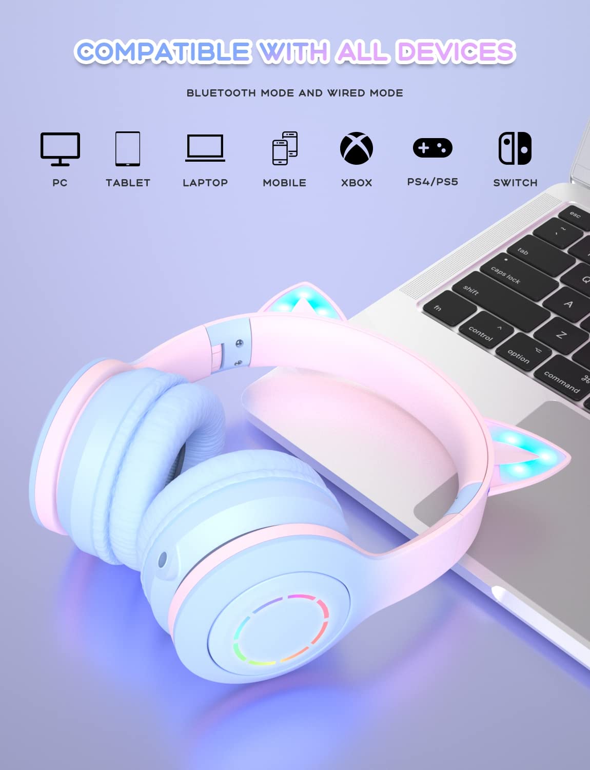 VuyKoo Casque Audio Enfants Bluetooth 5.0 avec Lumières RGB, Microphone HD, Volume Limité 94dB, Rose