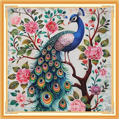 Image of Dooxvey Counted Cross Stitch Kits for Adults 11CT Printed Cross-Stitch Patterns Cross Stitching Embroidery Kit Stamped or Counted Needlepoint Kits-Rainbow Feathered Peacock 18x18 inch