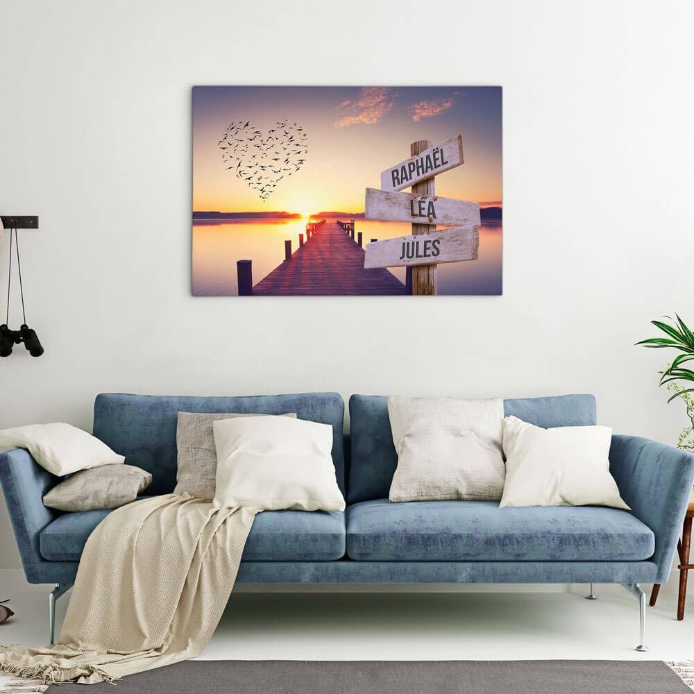 Lienzo personalizado con marco de madera, nombres de familia – Pontón & Puesta de Sol (40 x 30 cm)