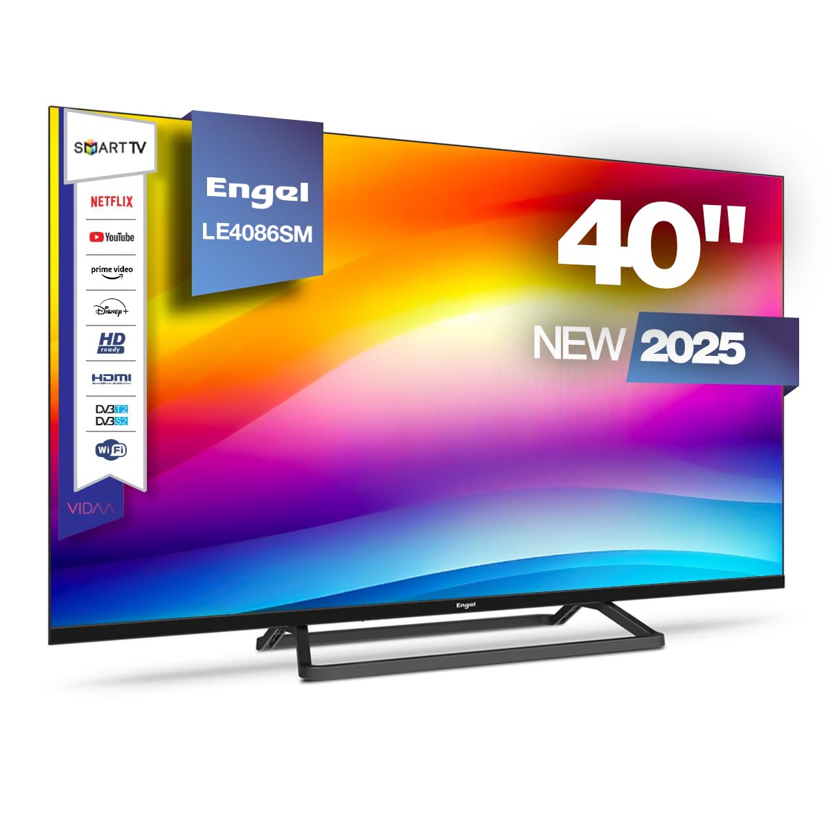 Diagram showing the dimensions of the Engel LE4086SM Smart TV, including width, height, and depth.