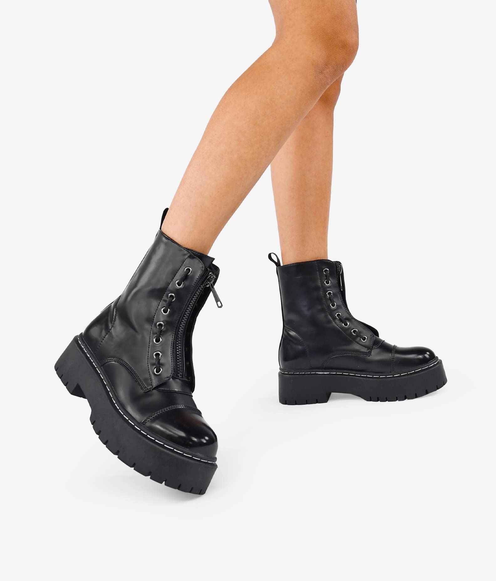 BOSANOVA Stivali militari stile punk con plateau dentata e lacci fino alla parte superiore. Chiusura con cerniera. Scarpe da donna