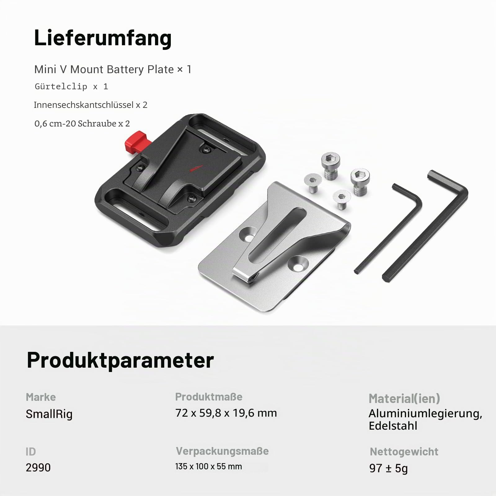 SMALLRIG Mini V Mount Batterieplatte mit Gürtelclip, V Lock Akku Montageplatte für DSLR, Kamera - 2990