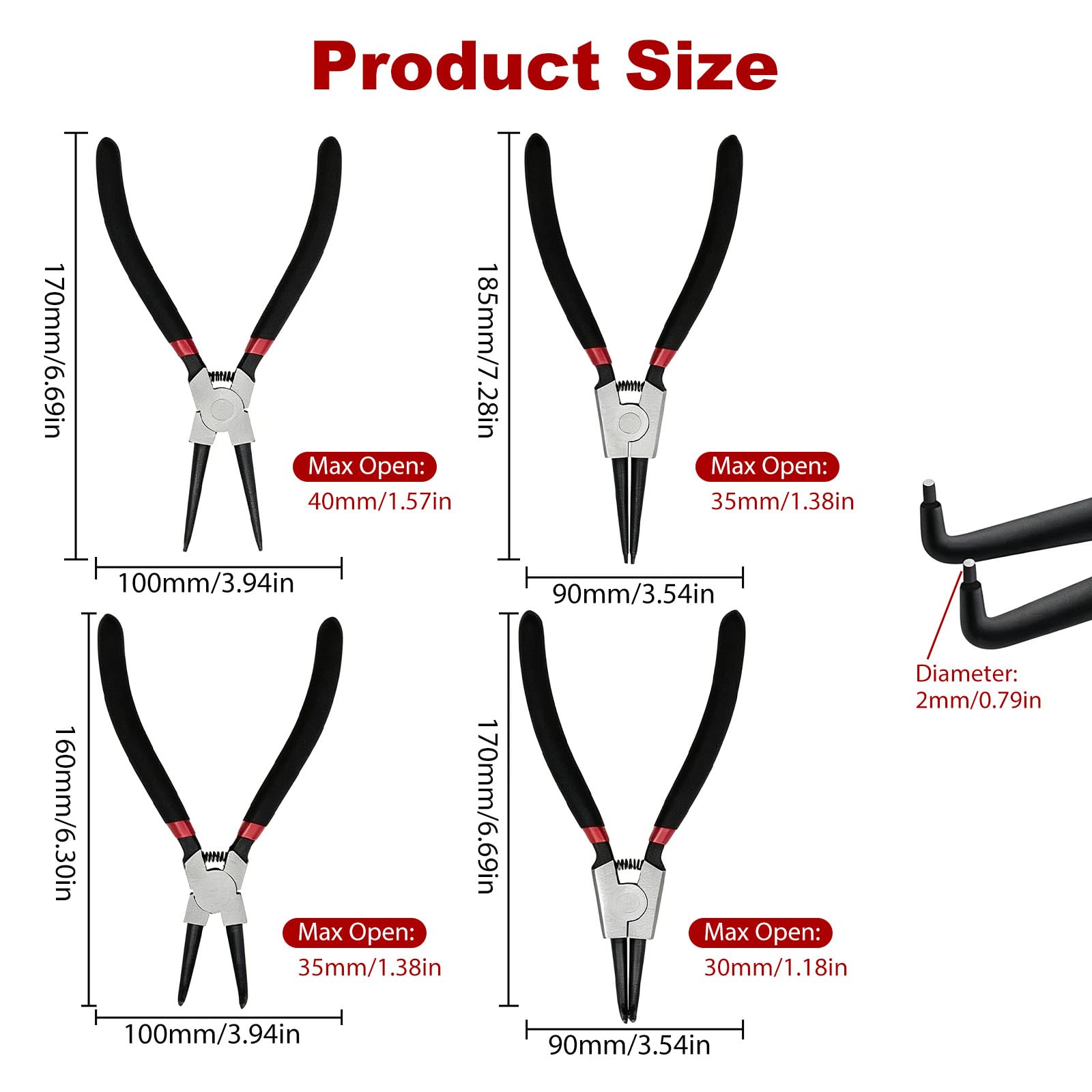 4 Stück Sprengringzangen Set, Sicherungsringzangen, Gerade interne und externe Sprengringzangen, Seegeringzange Set, Kohlenstoffstahl, Anti-Rutsch und Anti-Schweiß ergonomische Griff