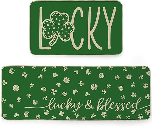 Miniatura 1 de ARKENY Juego de 2 tapetes de cocina para el Día de San Patricio, juego de 2 alfombras de cocina de trébol verde, antideslizantes, absorbentes,