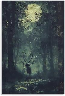 A Deer'S Head Silhouette With Antlers In The Woods, Grainy Black And White Texture Overlay Livingroom Bedroom Bathroom Office Decor Poster Canvas Prints Wall Art Poster Scroll Canvas Painting Picture