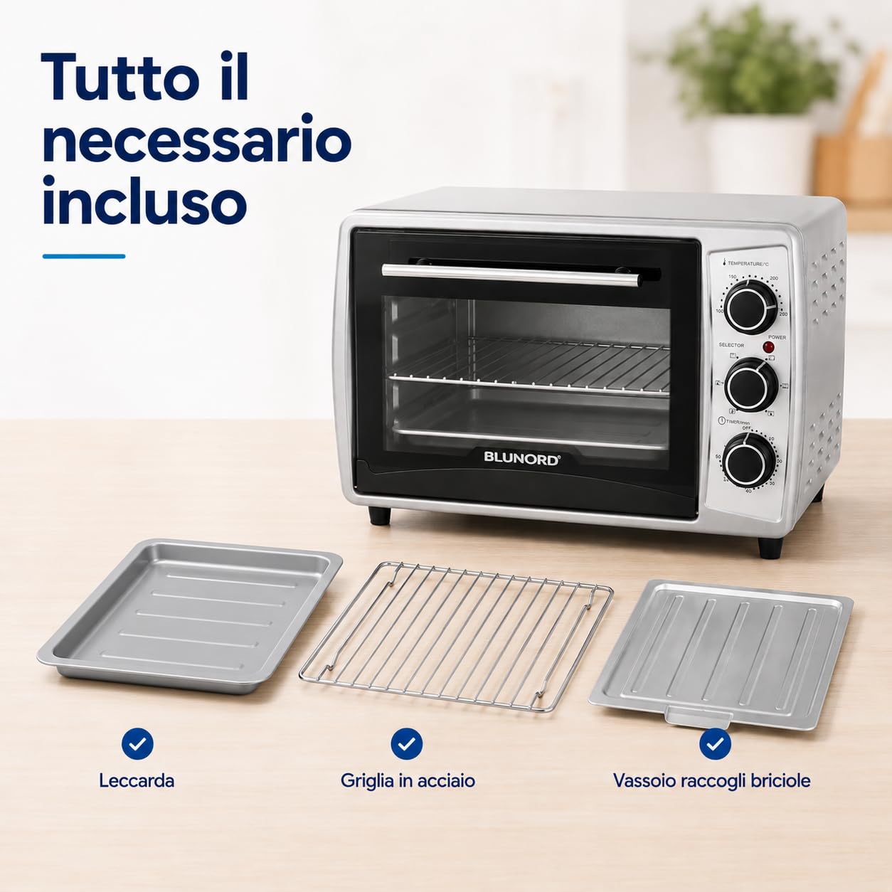 BLU F19 PLUS Forno Elettrico Ventilato 19 L, 1380 W, Grill 800 W, Timer 60 Min, Termostato 100-230 °C, Doppio Vetro, Leccarda, Griglia e Vassoio Briciole, Nero/Silver