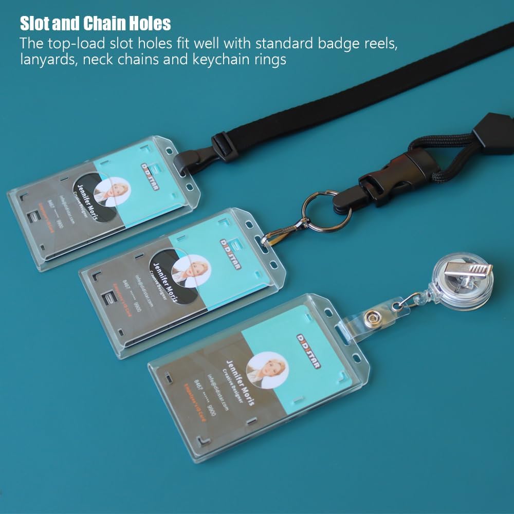 Bulk 50 Pack Vertical Hard Plastic Badge Holder - Frosted Clear ID Card Protector with Thumb Slot, RFID Compatible for Lanyard, Reel - Heavy Duty PC for Employees, Medical, School by DiDiSTAR