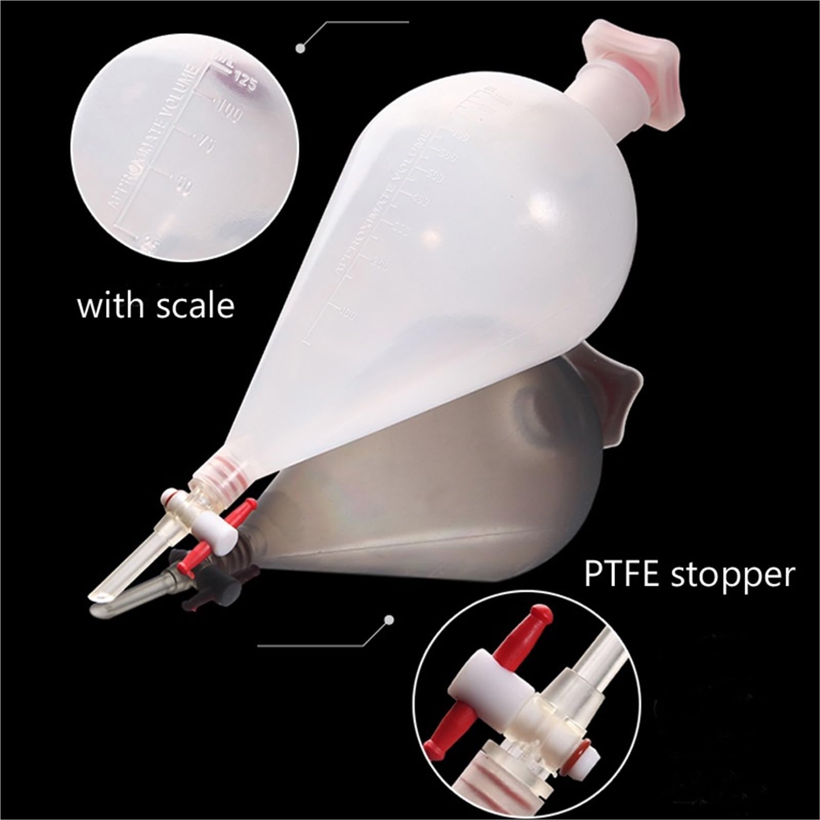 500 ml birnenförmiger Scheidetrichter aus Kunststoff mit PTFE-Stopfen. PP-Trenntrichter. Laborbedarf