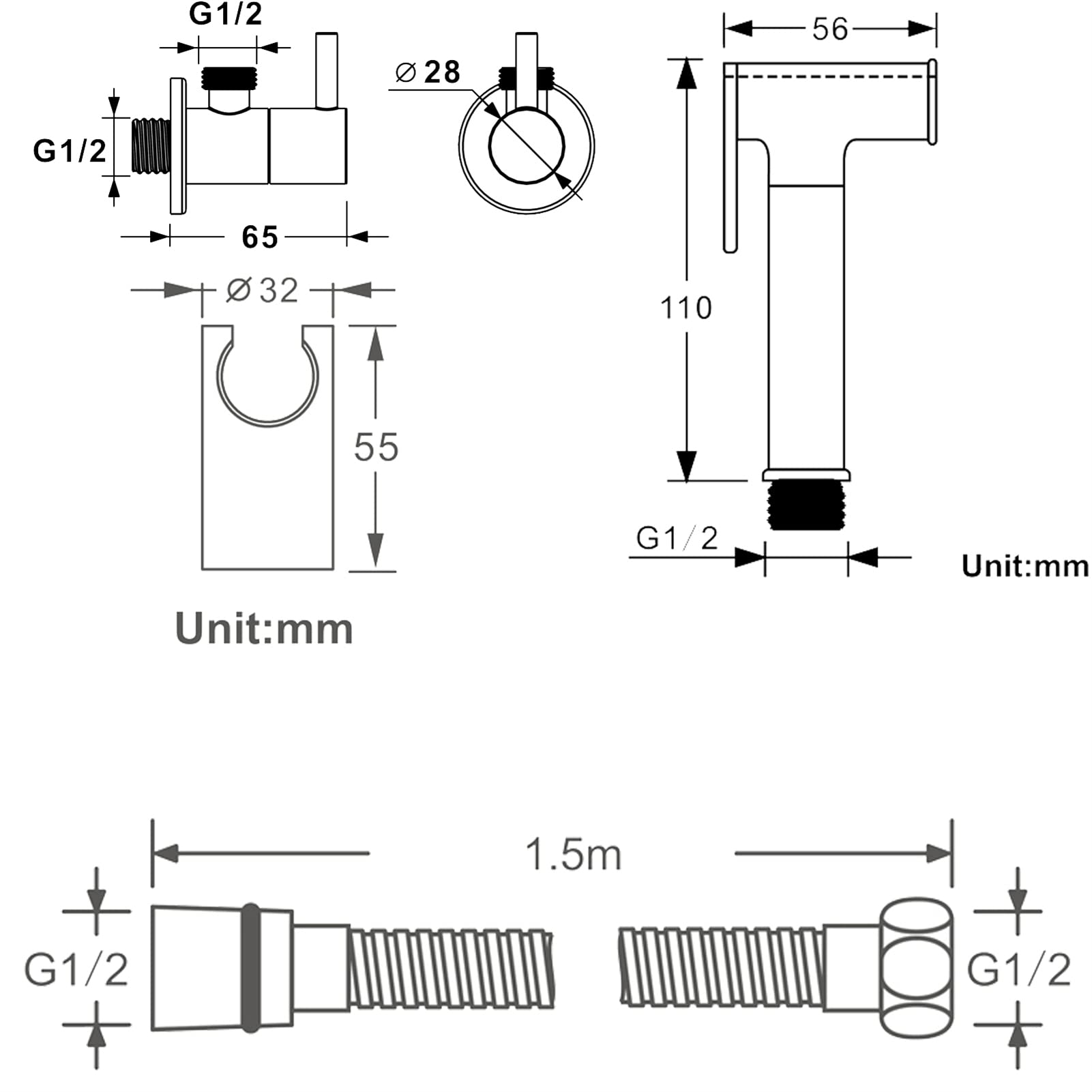 Pulvérisateur de bidet portatif pour toilettes – Kit de pulvérisation de couches en tissu D brossé avec tuyau et vanne d'angle de douche – Jet de salle de bain pour un nettoyage et une hygiène faciles