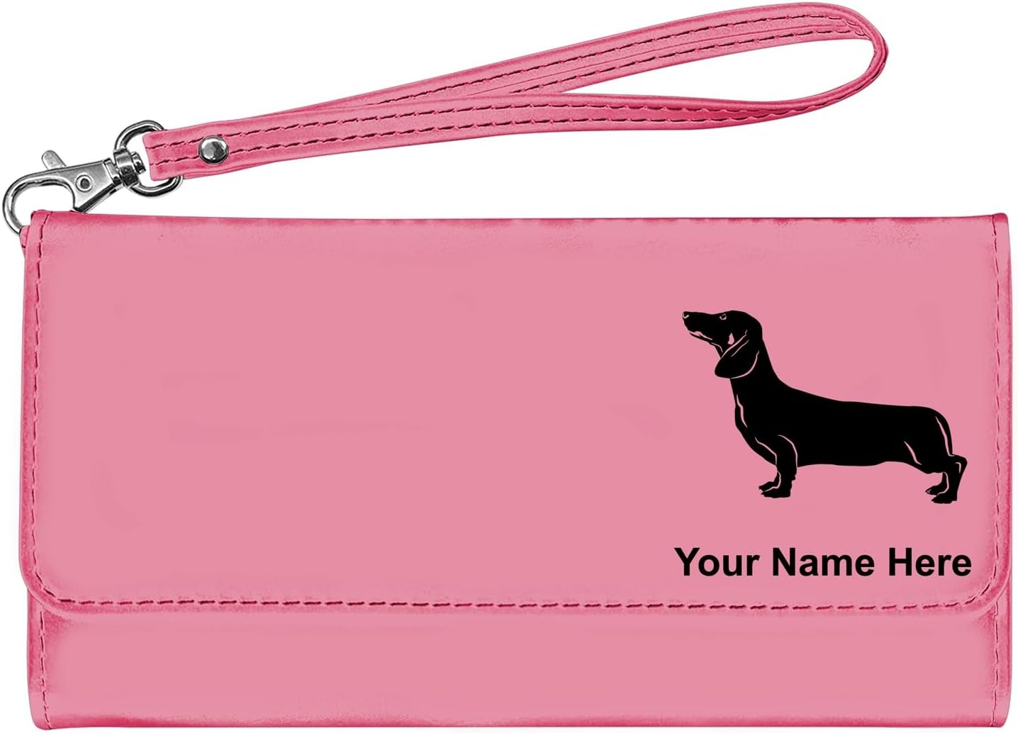 LaserGram Faux Leather Womens Wallet with Strap, Dachshund Dog, Personalized Engraving Included (Pink)