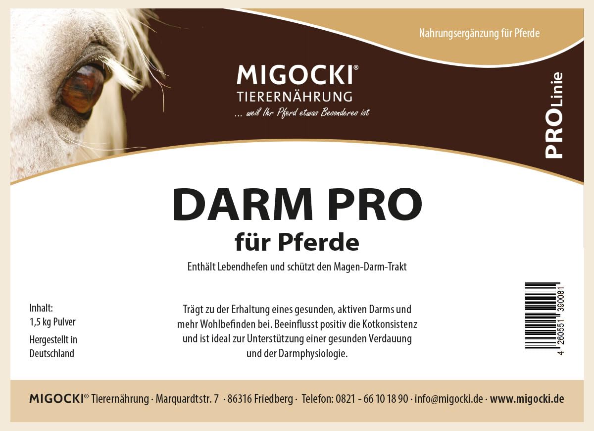 MIGOCKI DARM PRO – Ergänzungsfuttermittel für Pferde – Für die Erhaltung eines gesunden, aktiven Darm und mehr Wohlbefinden – Pulver – 1,5 kg