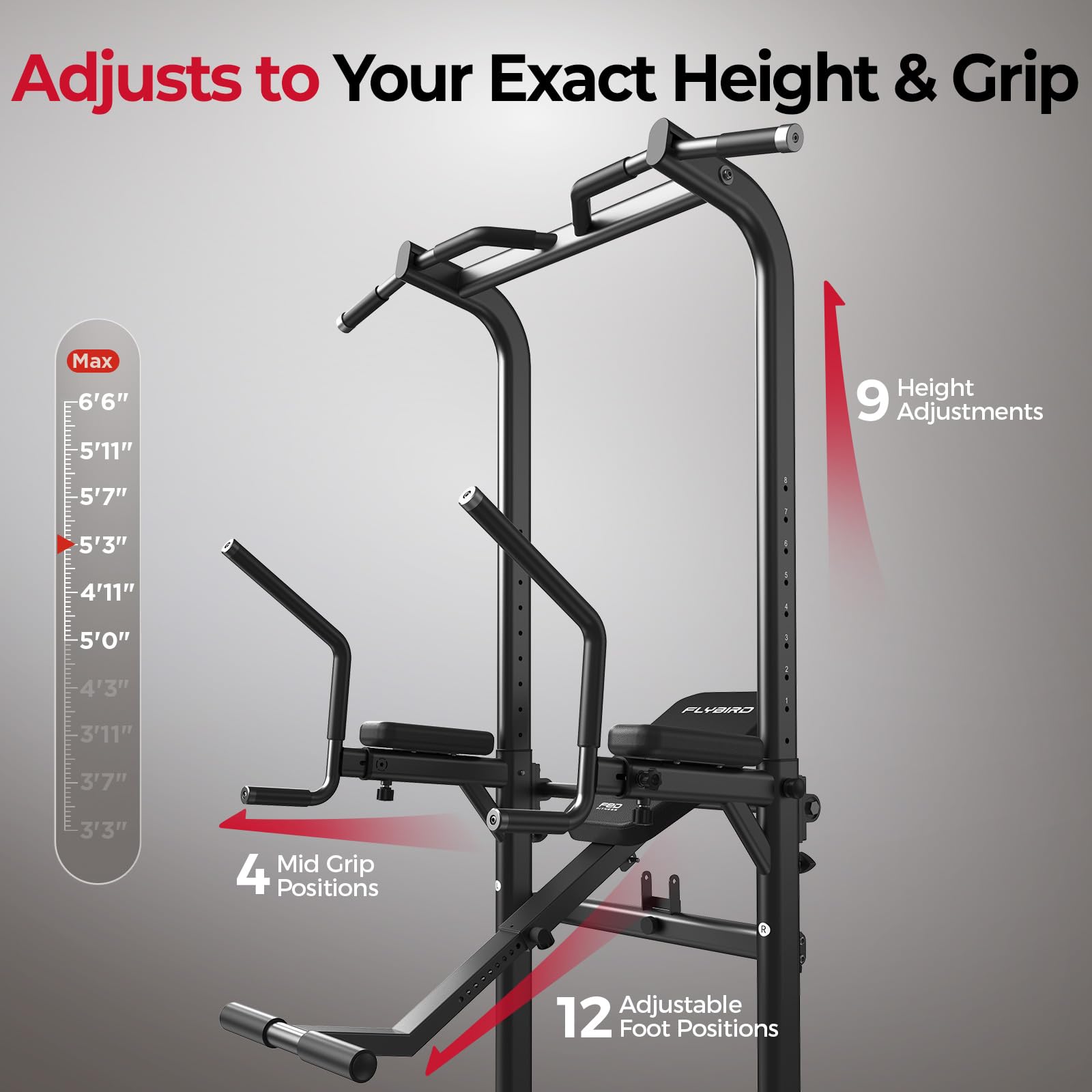 800LBS Heavy Duty Power Tower Dip Station, Adjustable Height Pull Up Stand with Crunch Leg Raise, Multifunction Strength Training Equipment for Home Gym Back Workout