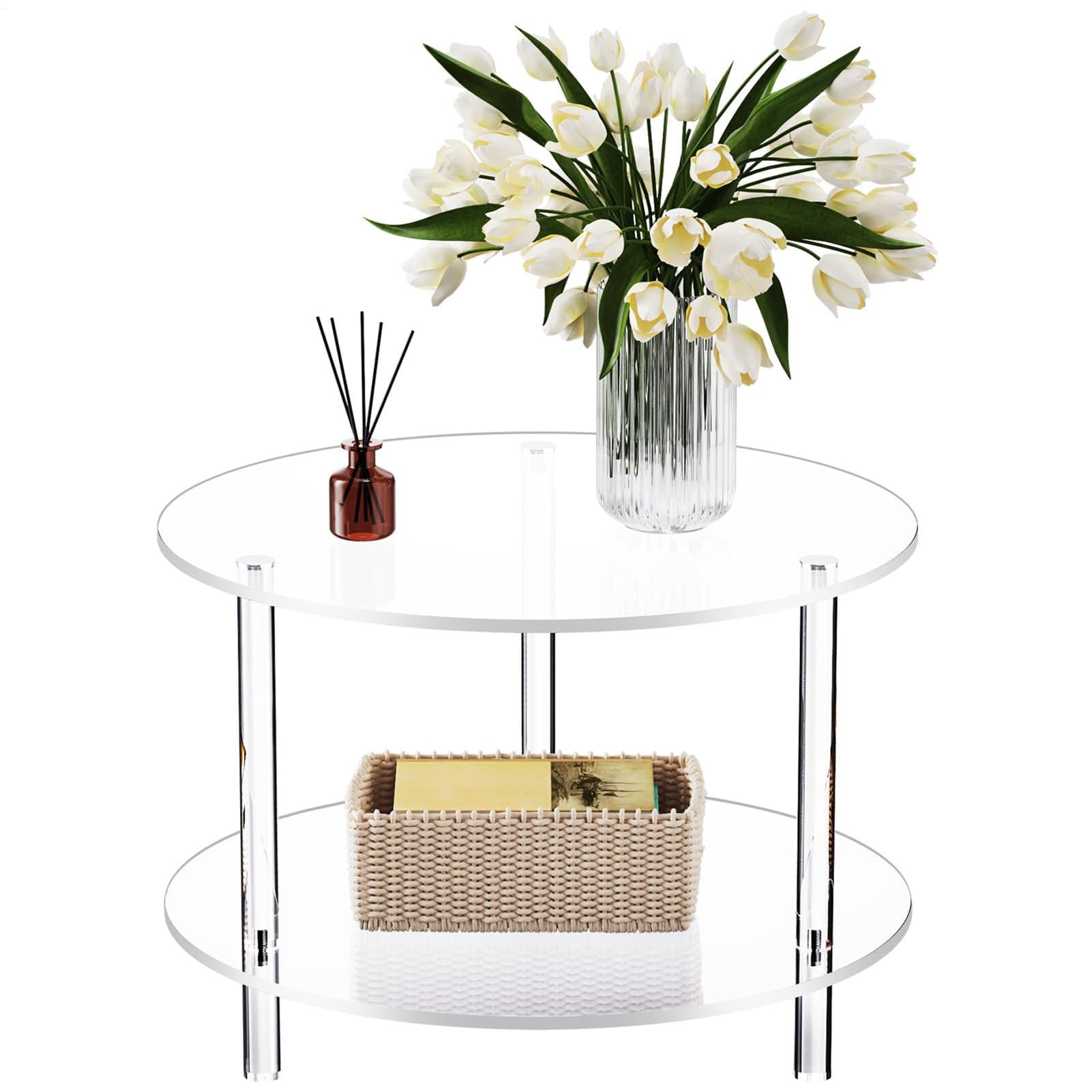 Tavolino da Caffè Rotondo Tavolo Da Tè A 2 Livelli | 39.9 x 39.9 x 41.9 cm Comodino in Acrilico Trasparente, Arredamento Moderno per Studio Camera da Balcone Giardino