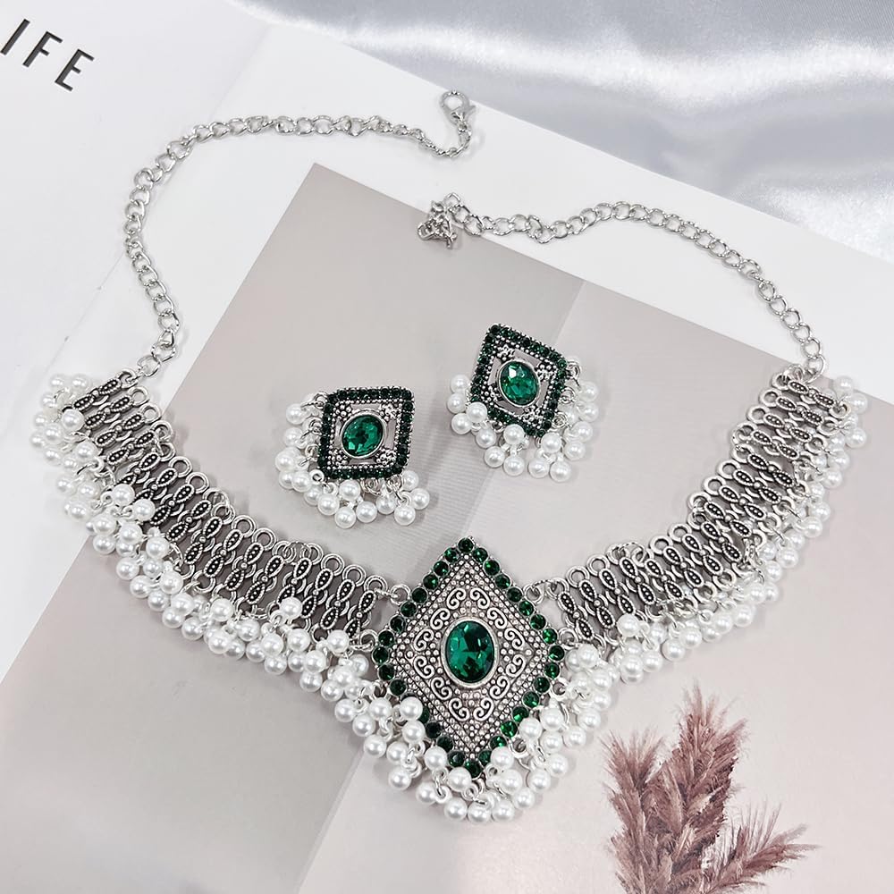 OIDIMS Crystal Jhumkas Indian Earrings Choker Necklace for Women Fashion Cubic Zirconia Boho Beaded Chandelier Pendant Punk Chunky Necklaces for Wedding Party Elegant Bollywood Festival Jewelry Set - Image 4