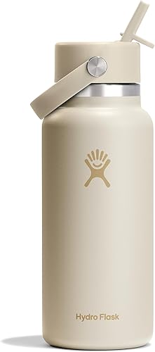 Hydro Flask Botella de agua Acero inoxidable aislado Tapa flexible con popote de boca ancha, antiderrames, a prueba de fugas y recargable en crema