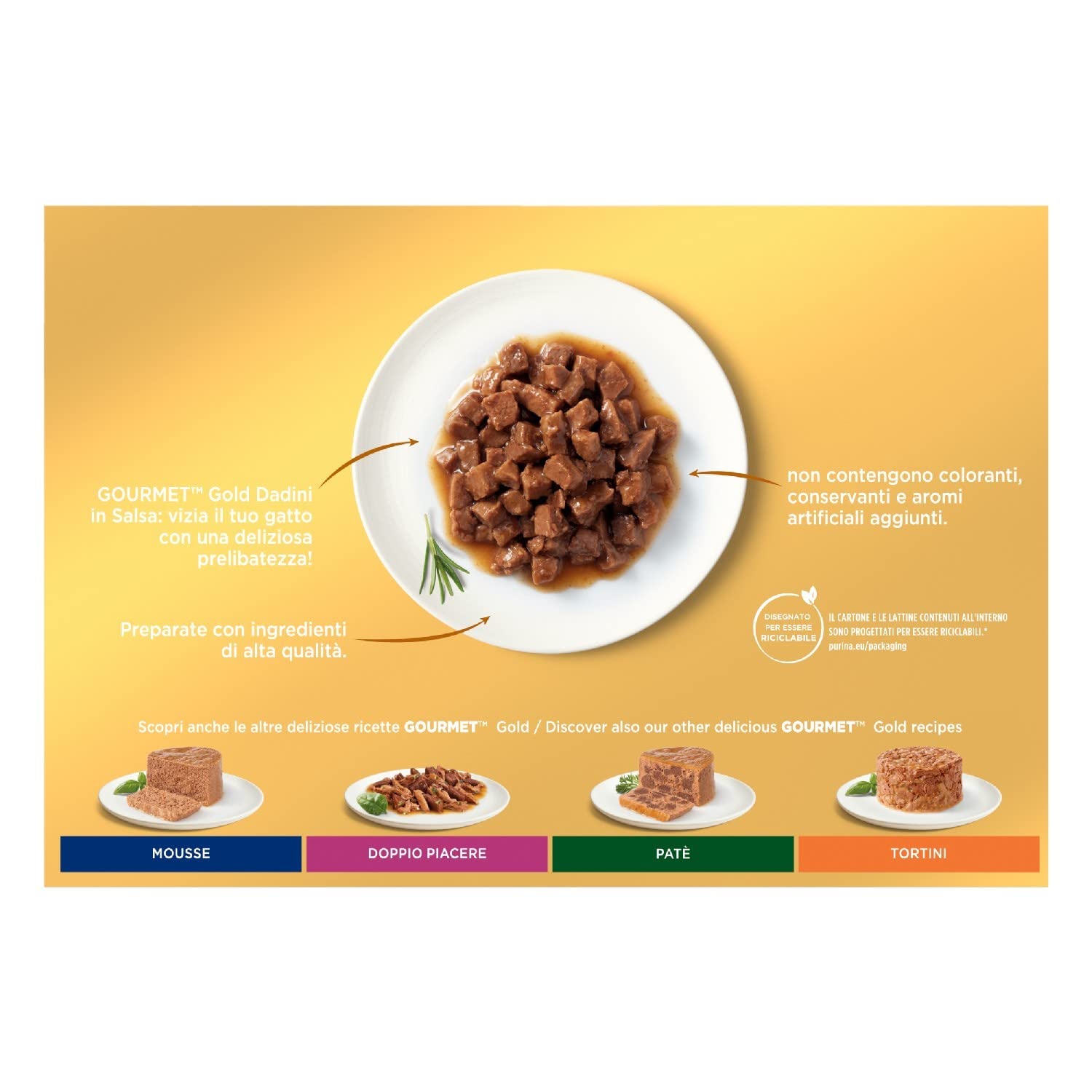 Purina Gourmet Gold Dadini in Salsa Cibo Umido per Gatti con Manzo, Salmone e Pollo, Tacchino e Anatra, Pollo e Fegato, 96 Lattine da 85 g