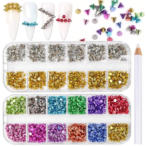 XEAOHESY 2 Boxes Metal Spike Studs Alloy Gold Silver Cone Nail Charms Colorful Spike Studs Nail Charms for Nails Flat Base Punk Cone Nail Rivets with Picker Pencil for Women Nail Art