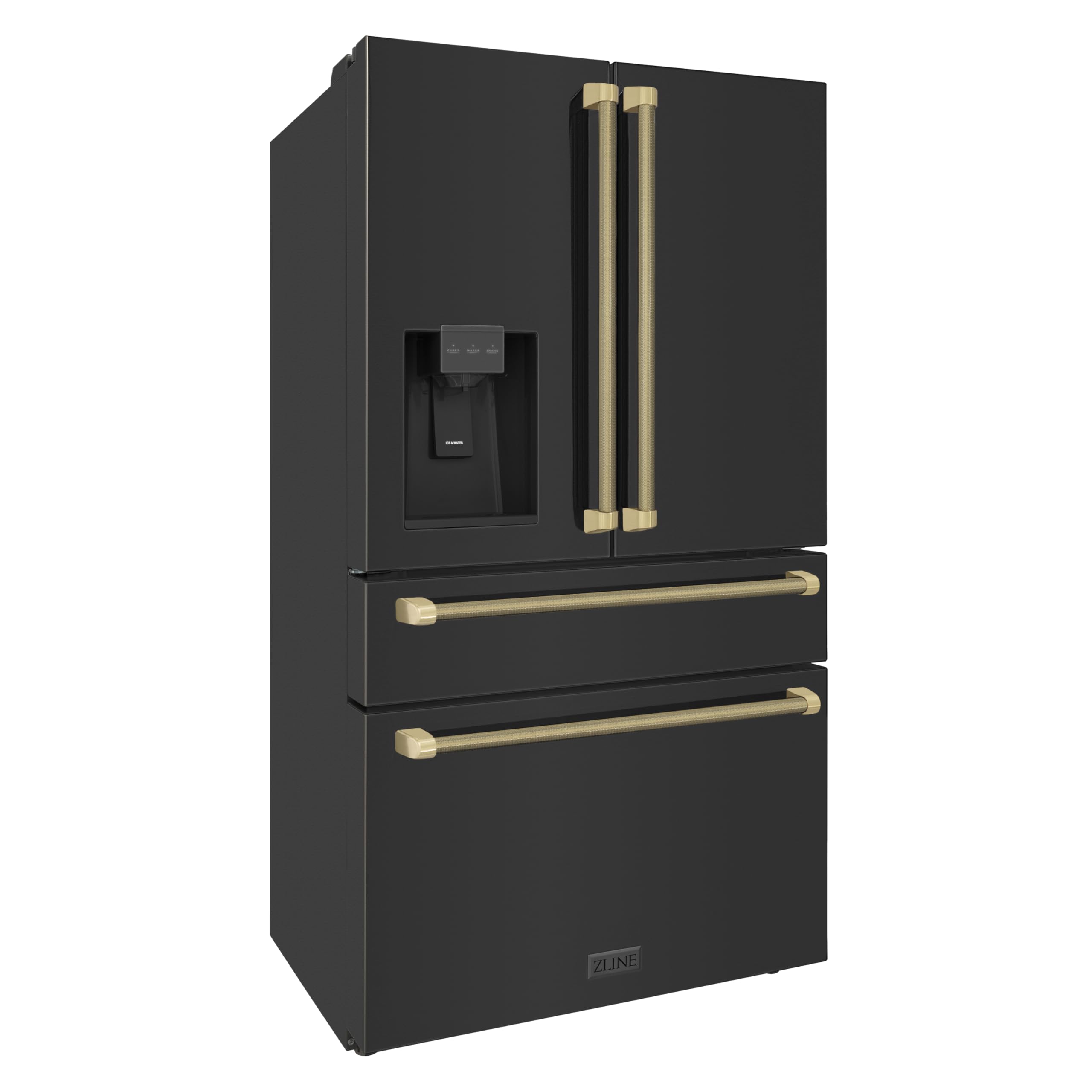 ZLINE Autograph Edition 36 in. 21.6 cu. ft. Counter-Depth French Door Refrigerator with Water and Ice Dispenser in Fingerprint-Resistant Black Stainless Steel with Champagne Bronze Helix Handles on Fridge.com
