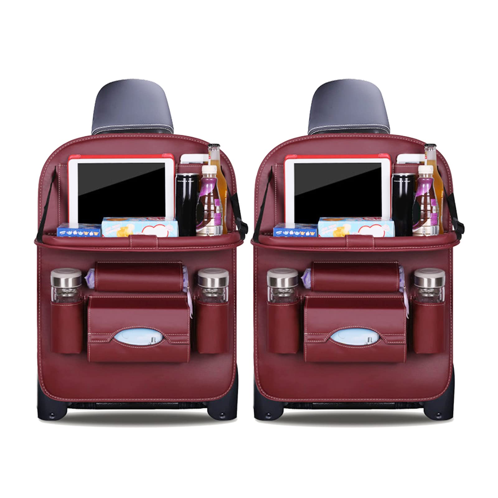 Ergocar Car Back Seat Organiser Kick Mats Luxury PU Leather with Foldable Tablet Holder Car Organisers Car Storage Multi-Function Back Seat Protector for Long Trip and Family (Dark-Red - 2 Pack)