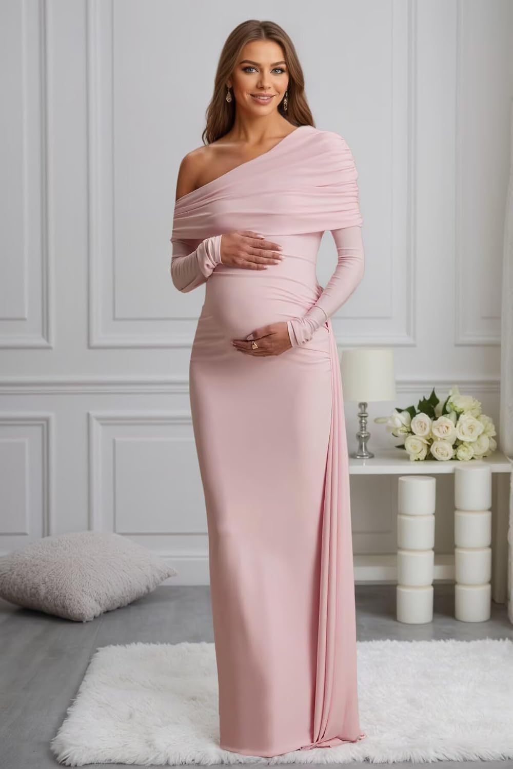 Long Sleeve Maternity Dress for Photoshoot 2026 One Shoulder Satin Bodycon Tight Baby Shower Dress