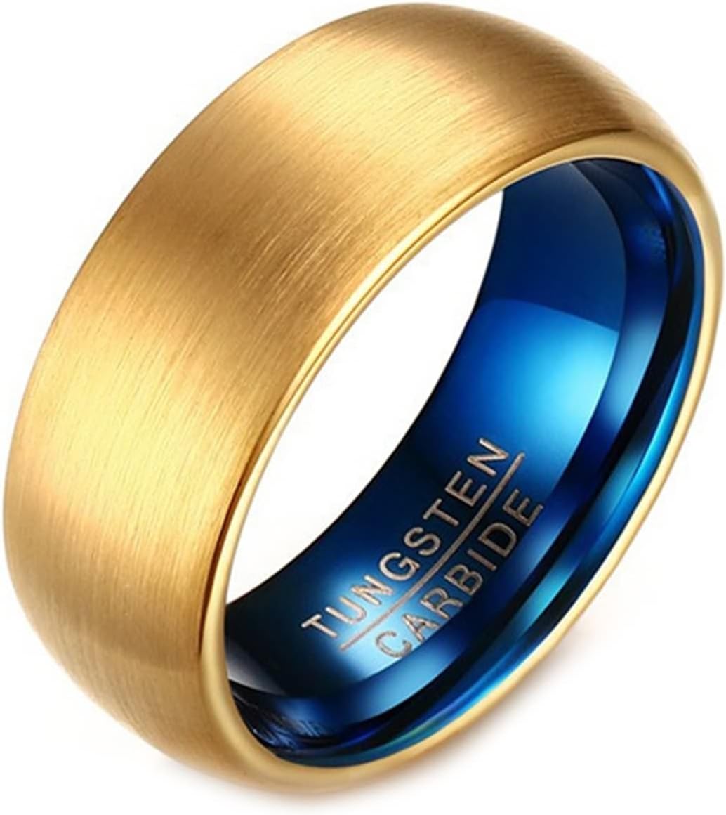 Ring for Men Tungsten, Personalized Rings for Women Size 7 to 11, Gold Brushed Ring Round Dome Wide 8mm Wedding Rings for Men