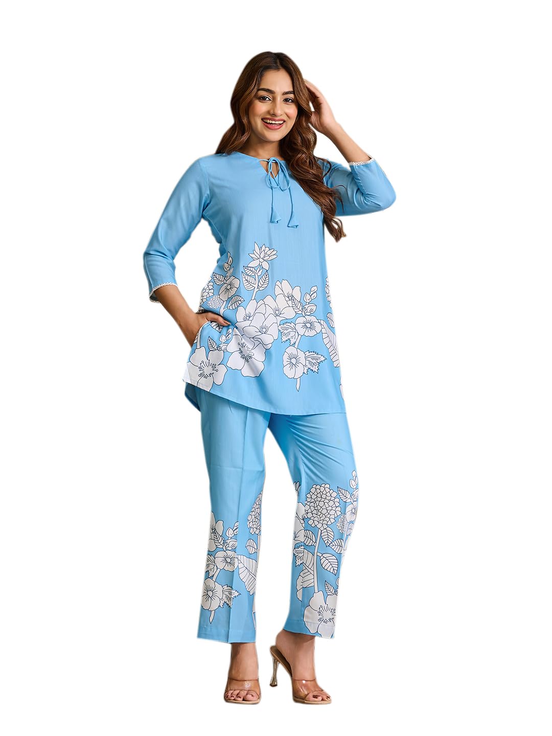 Women's Printed Viscose Rayon Blue Top Trousers Co-Ords(VC_5079CO)-image-5