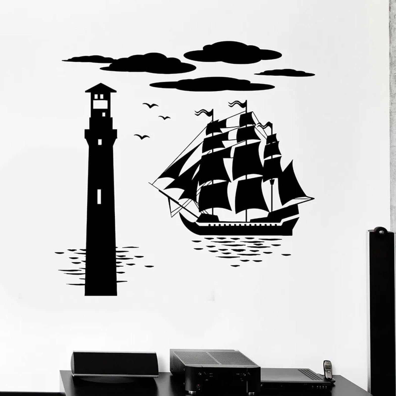 Wall Sticker Ship Lighthouse Ocean Vinyl wall Sticker Art Mural boy Children's Bedroom Sticker/Black