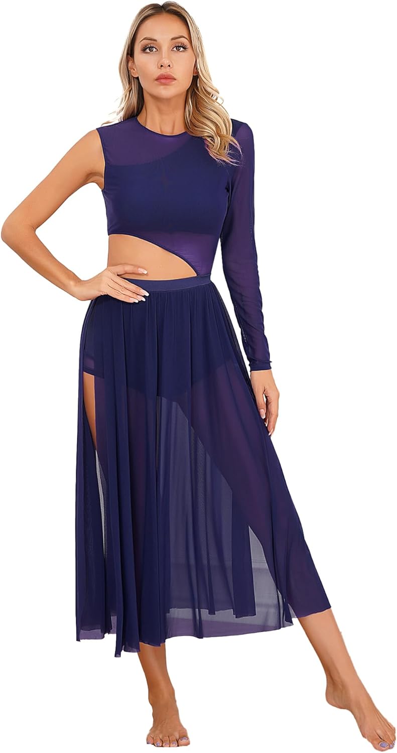 ranrann Women Mesh Cutout Lyrical Dance Dress Side Split Sheer Mesh Dresses Contemporary Ballroom Dancewear
