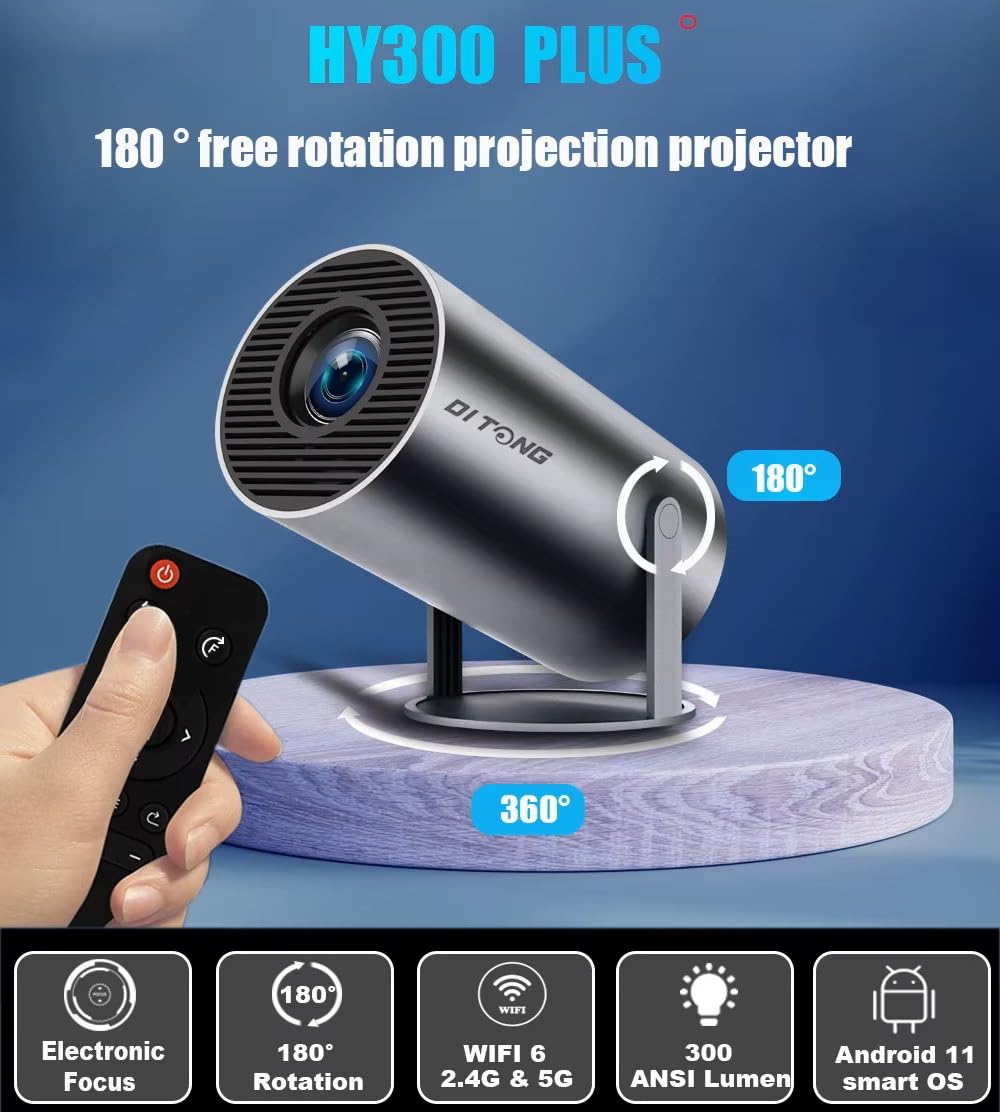 Hy300Plus Proiettore portatile HD 4K Android 11 Wifi6 LED Video Home Theater Cinema Telefono Mini proiettore Film (Proiettore Hy300 Plus Nero)