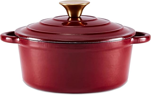 Barbary & Oak BO800250RED Round Cast Iron Casserole Pan with Durable Enamel Interior, 20cm, Bordeaux Red