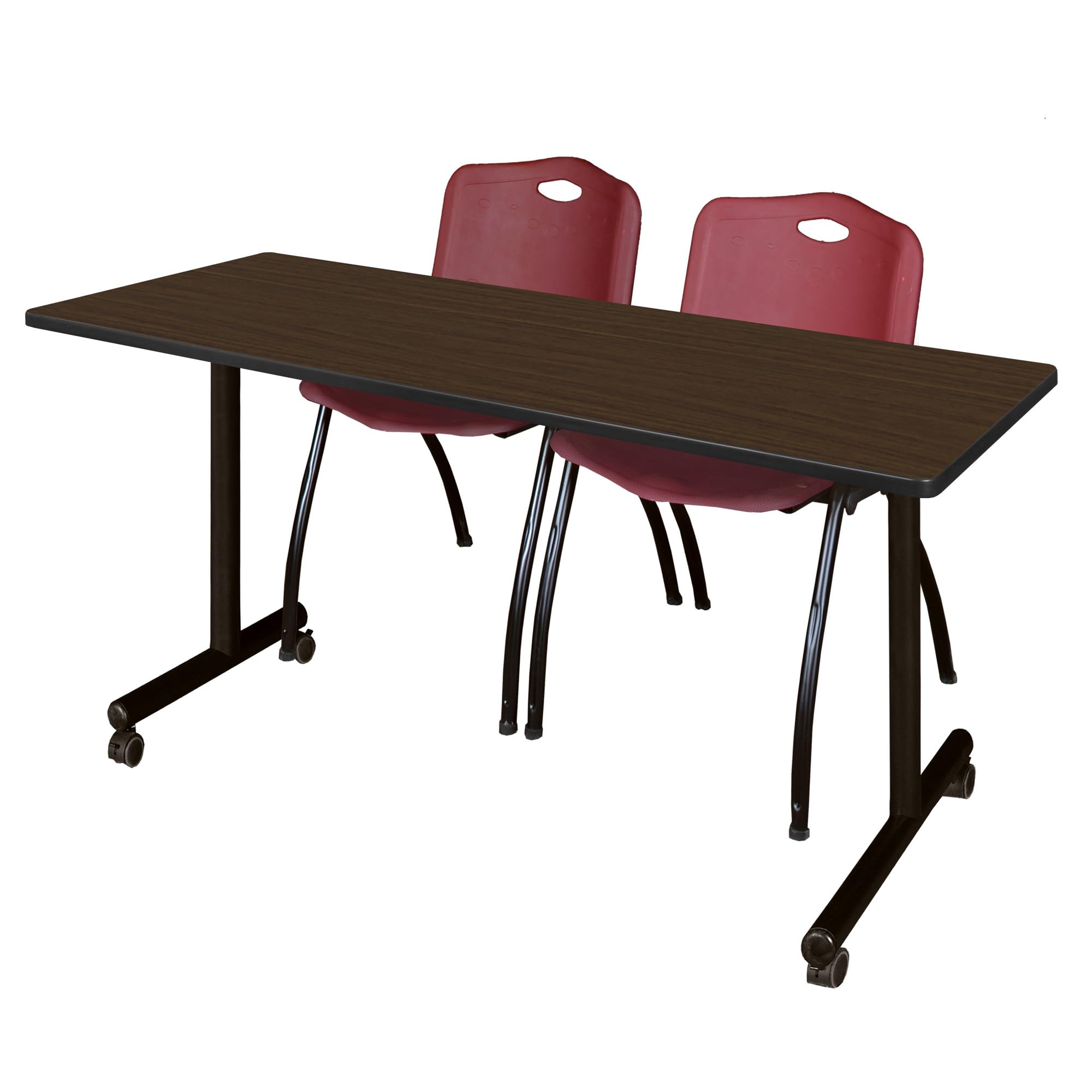 Romig Axis-Pro 60 x 24 in. Mobile T-Base Training Table- Neo Walnut, 2 M Stack Chairs- Burgundy