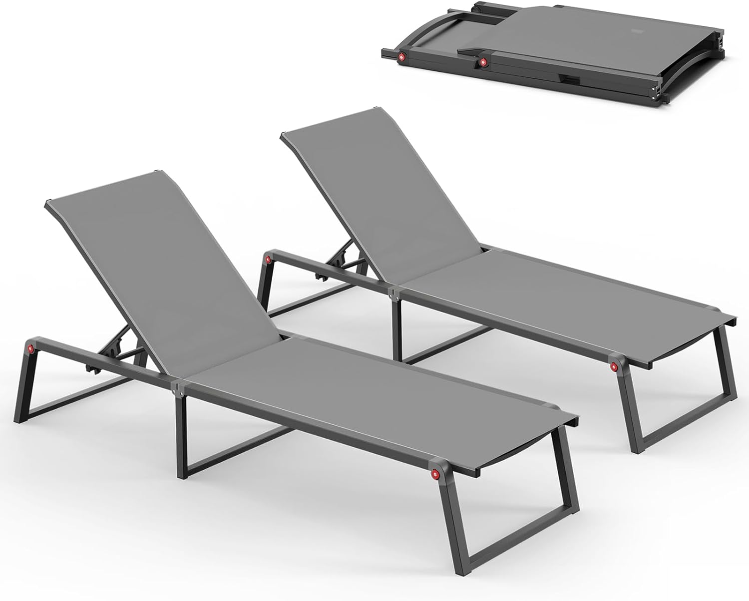 Oasbira Aluminum Foldable Chaise Lounge Chairs Set of 2 - No Assembly, 5-Position Recliner, Stable Outdoor Poolside Loungers, Dark Grey