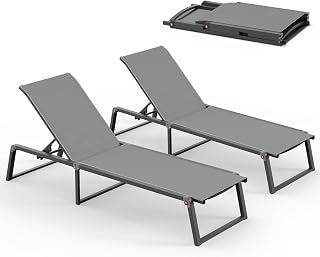 Oasbira Aluminum Foldable Chaise Lounge Chairs Set of 2 - No Assembly, 5-Position Recliner, Stable Outdoor Poolside Loungers, Dark Grey