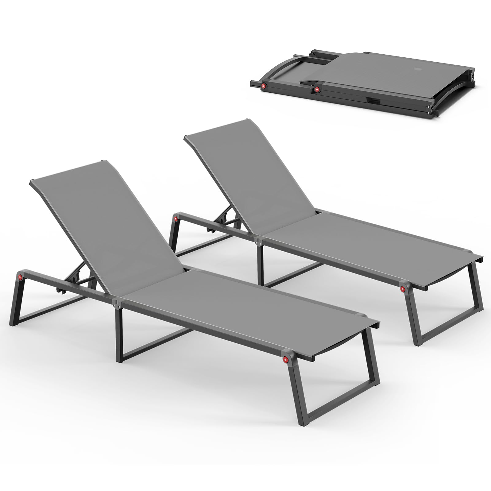 aluminum chaise lounge chair outdoor, foldable& no assembly patio pool lounge chairs 5-position recliner for outside, fully grounded legs sun lounger for poolside, dark grey, 2 pack