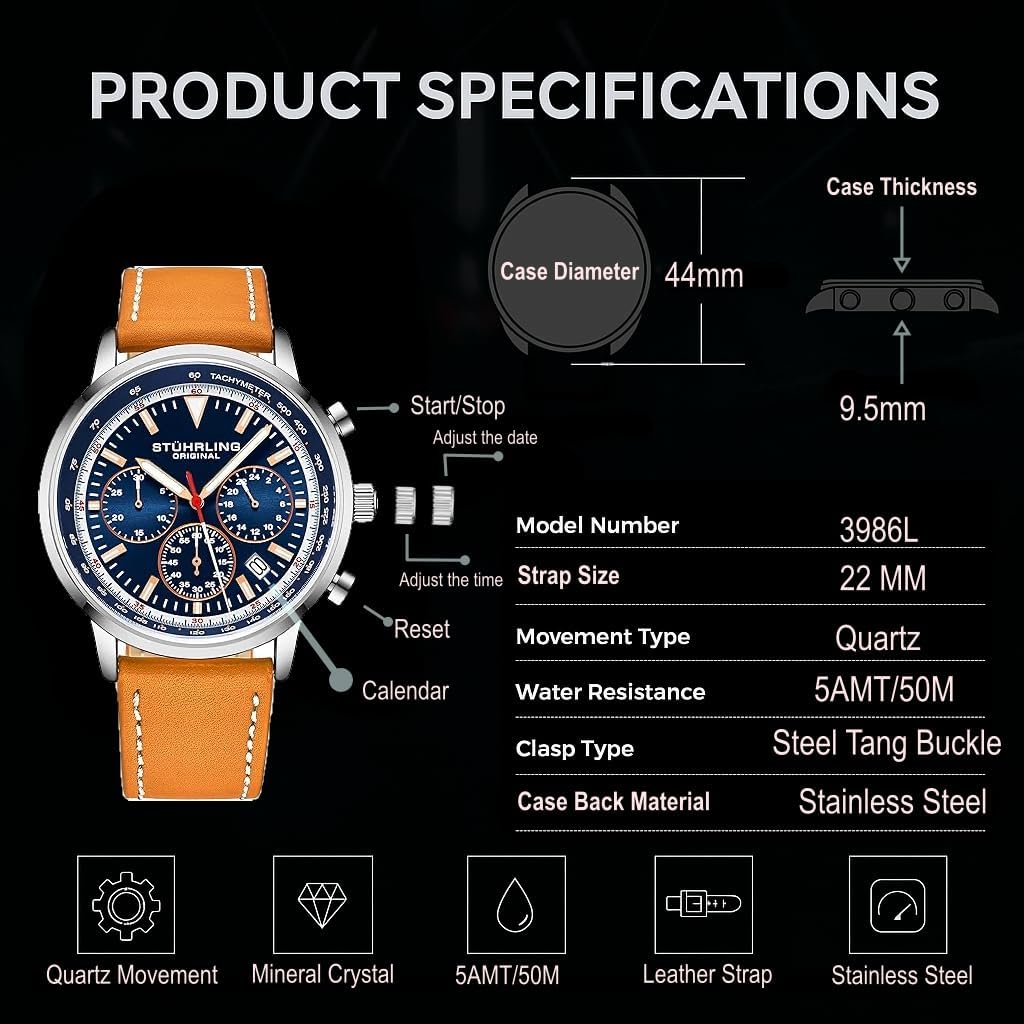 Graphic displaying product specifications for the Stuhrling Original Chronograph Watch, including case diameter, thickness, movement type, water resistance, and strap size.