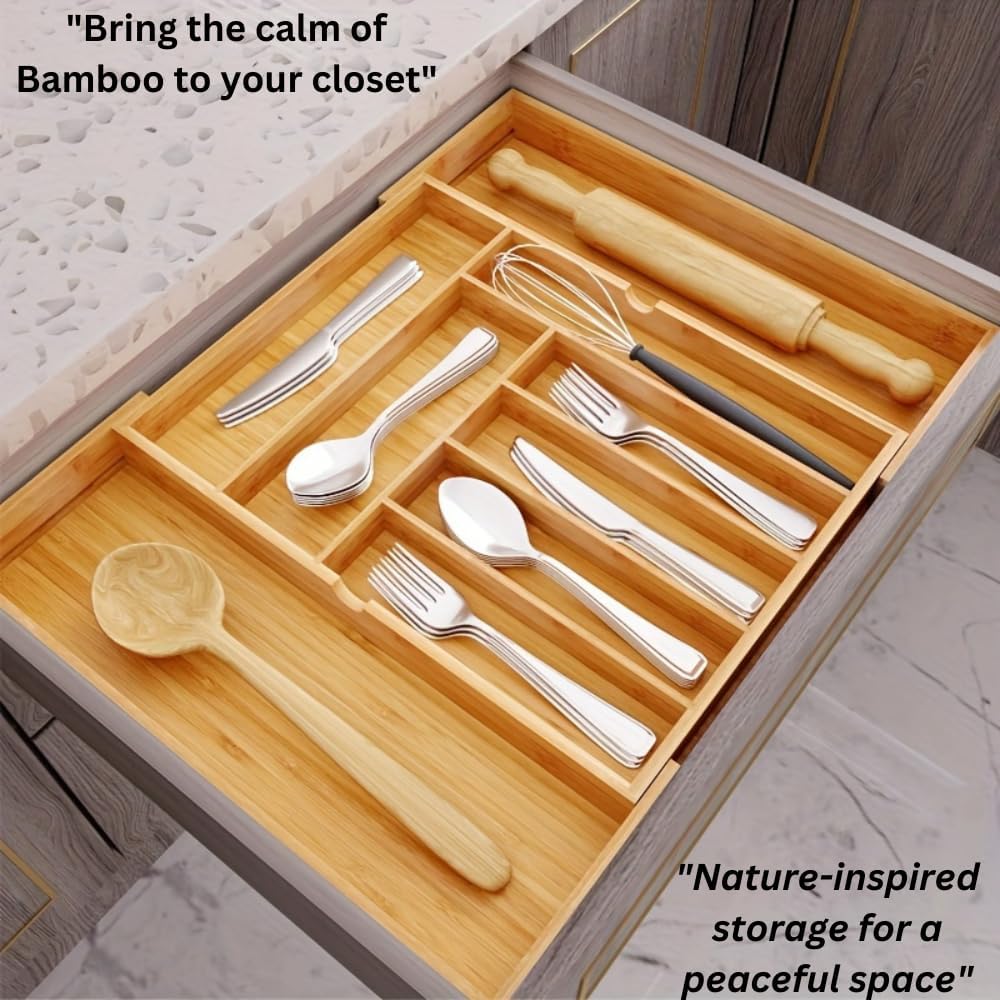 Bamboo Kitchen Drawer Organizer: Expandable Tray, Adjustable Cutlery Holder, 9 Slots Total Bamboo Wood Caddy for Flatware Cutlery Knives, Spoons & Forks, Eco-friendly, Durable