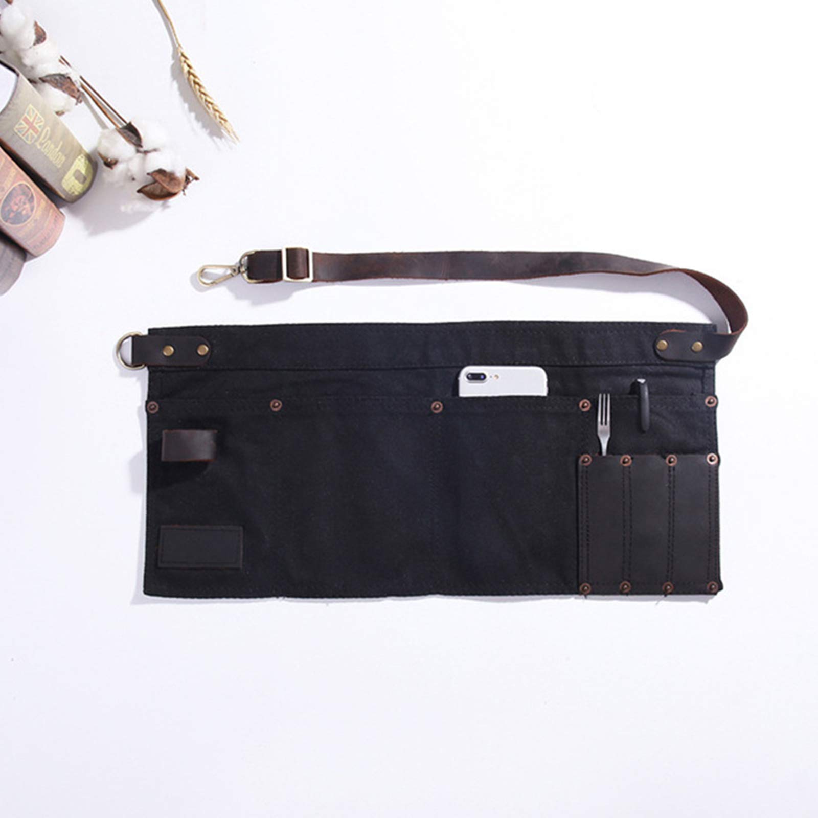 Lius Delantal Multibolsillos para Mujer Delantal de Medio Bolsillo de Lona de Cuero Real Camarera