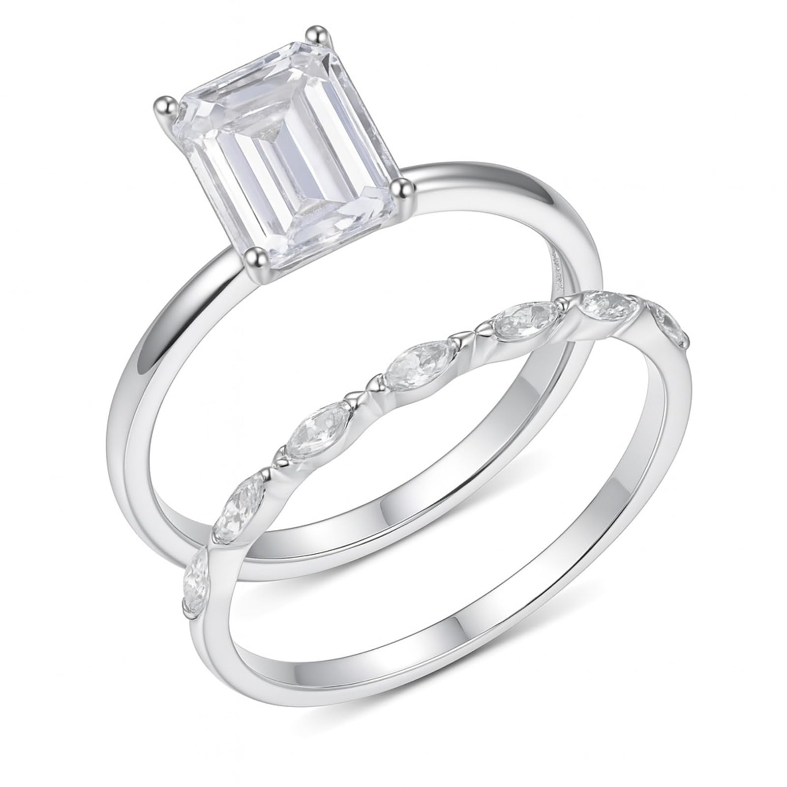 Bague Fiançailles Or Blanc Femme, Ensemble de Anneaux Incrusté de Moissanite Rectangulaire, Bague Empilable en Or Véritable Taille 47