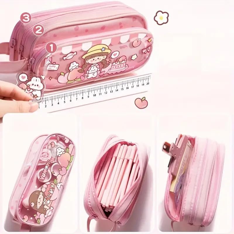 Image of Invite Canvas Large Capacity Transparent Cartoon Print Pencil Case 3 Compartment Cute Aesthetic Pencil Case for Girls Multifunctional Stationery Organizer for School Office (Sweet Cool Girl)