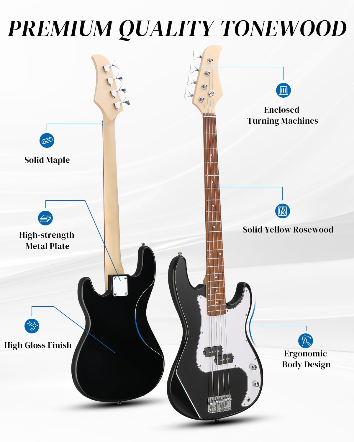 Ktaxon Electric Guitar 4 String Bass Guitar Kit with Paulownia Body, Solid Rosewood Fingerboard & Split Single-coil Pickups Includes 20W Amp, Cable, Strap, Pick and Wrench(Black)