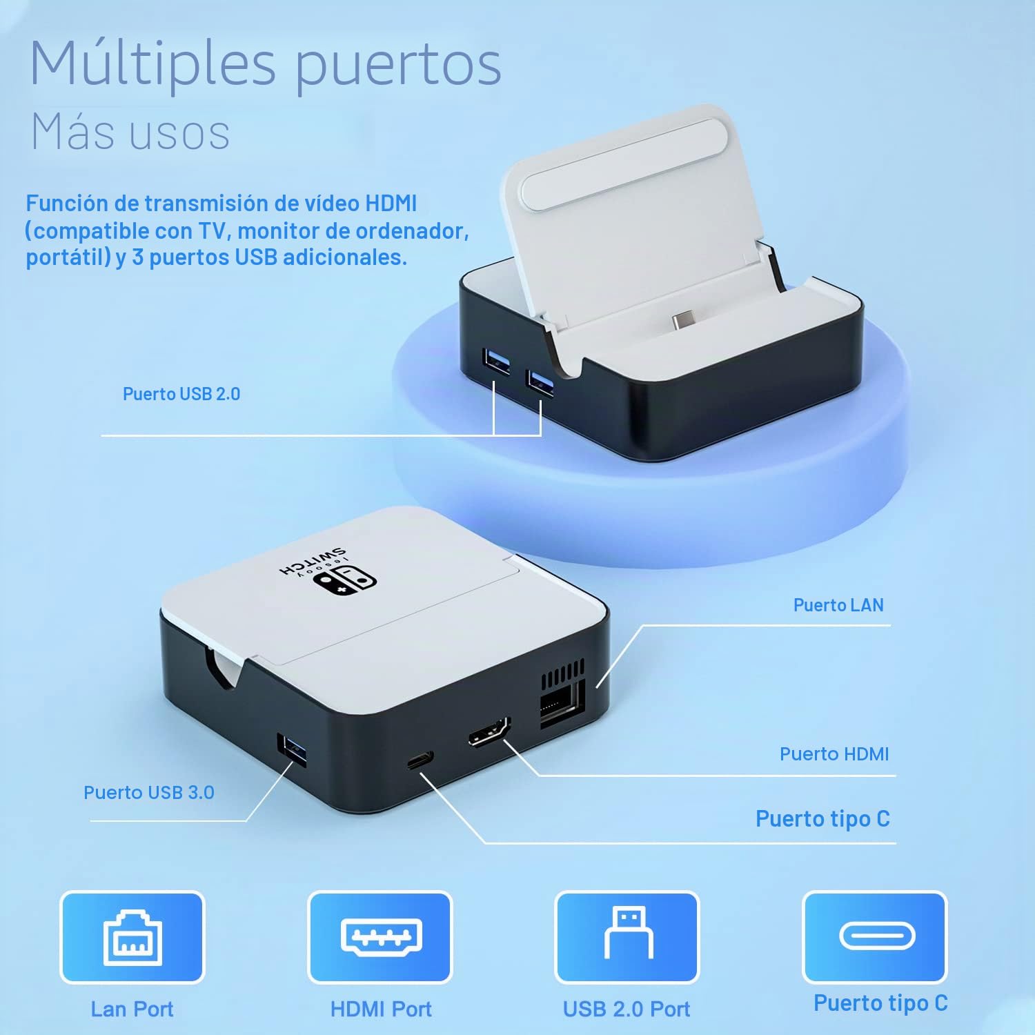 Dock Base para Nintendo Switch/Switch OLED: estación de Carga portátil 6 en 1 con HDMI2.0, Puerto LAN, Puerto Tipo C y 3 Puertos USB, Compatible con Youtube en TV