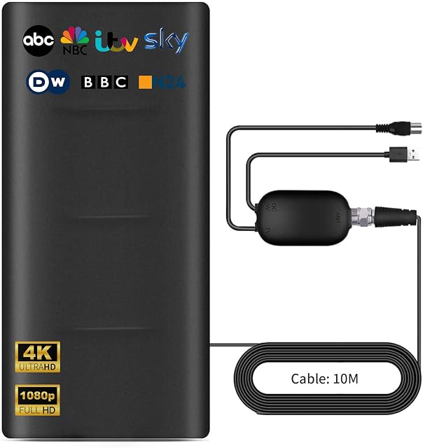 2023 Newest Freeview TV Aerial, Indoor TV Aerial 360° Reception Range 480KM,High Gain Amplifier Signal Booster Indoor Outdoor Digital TV Aerial Support 4K 1080p All Type TV,Detachable 10M Coax Cable