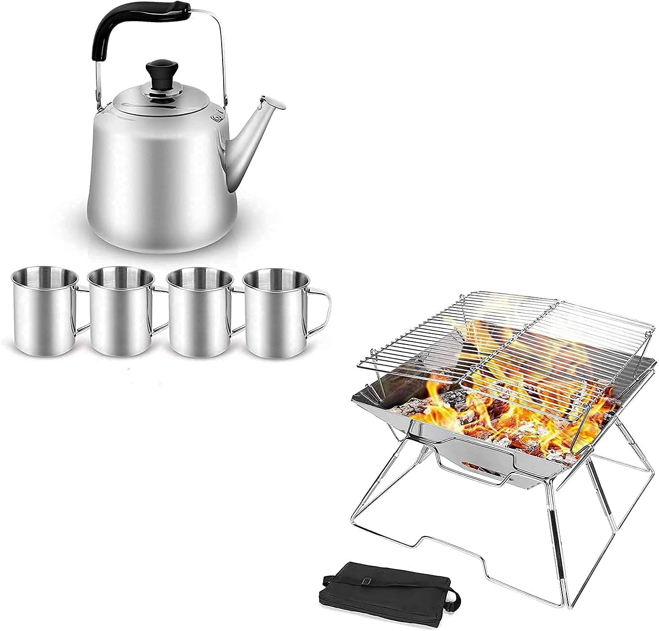 Odoland Bundle – 2 Items 4L Camping Kettle Set with 4 Cups and 304 Premium Stainless Steel Folding Campfire Grill