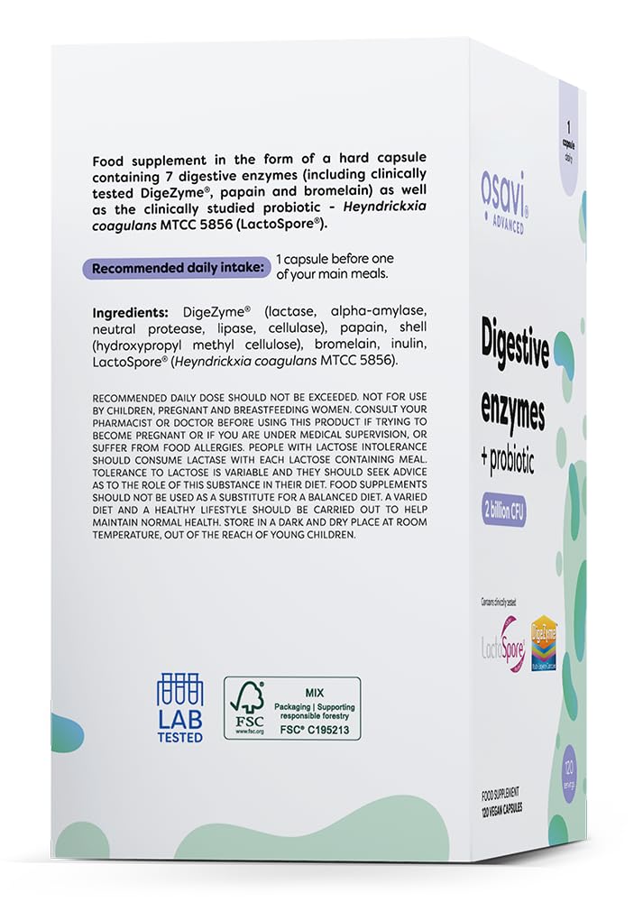 Osavi Enzymes Digestives + Probiotique – 120 Gélules Végétales | DigeZyme® + LactoSpore® | 7 enzymes digestives avec papaïne & bromélaïne | Ingrédients validés cliniquement | Clean Label