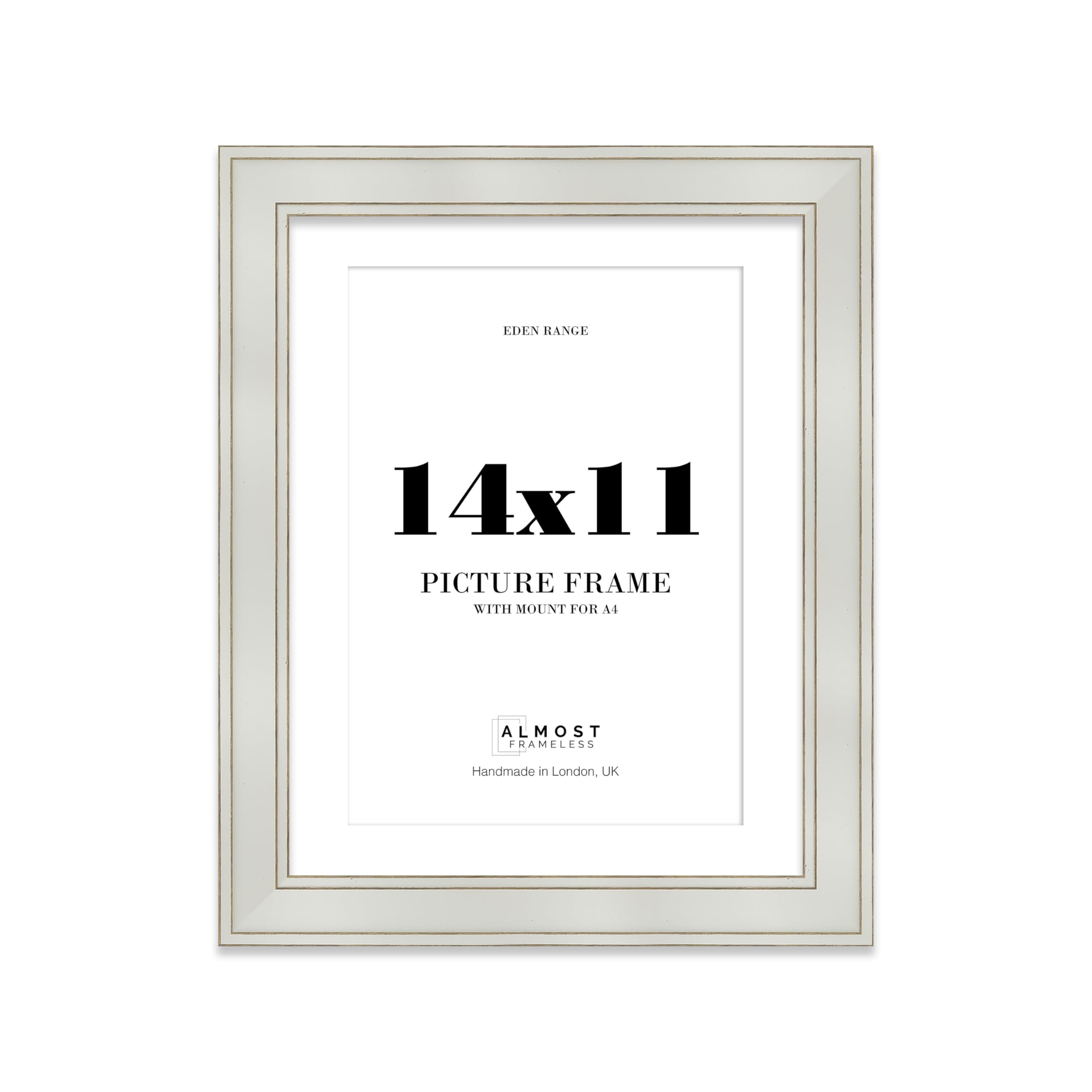 14x11" Light Grey Picture Frame with A4 Mount - Shabby Chic Photo Frame with Distressed Finish, Gold Trim, Wall Hooks and Kickstand, 37mm Edge - 1 Pack