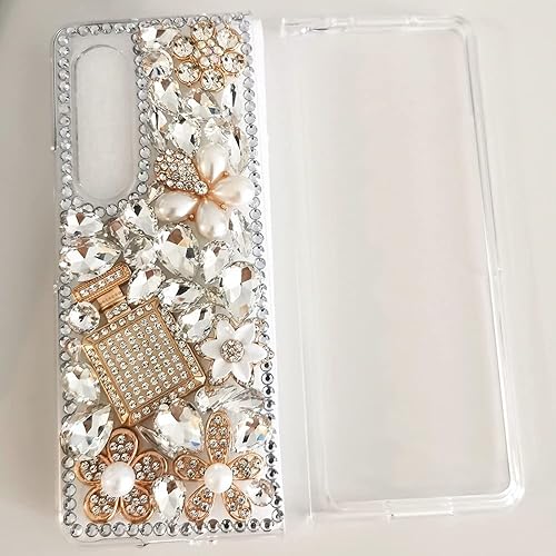 Miniatura 2 de Funda para Galaxy Z Fold 5, 3D hecha a mano con diamantes de imitación de lujo con diamantes de imitación de calabaza, oso, flor de cristal con
