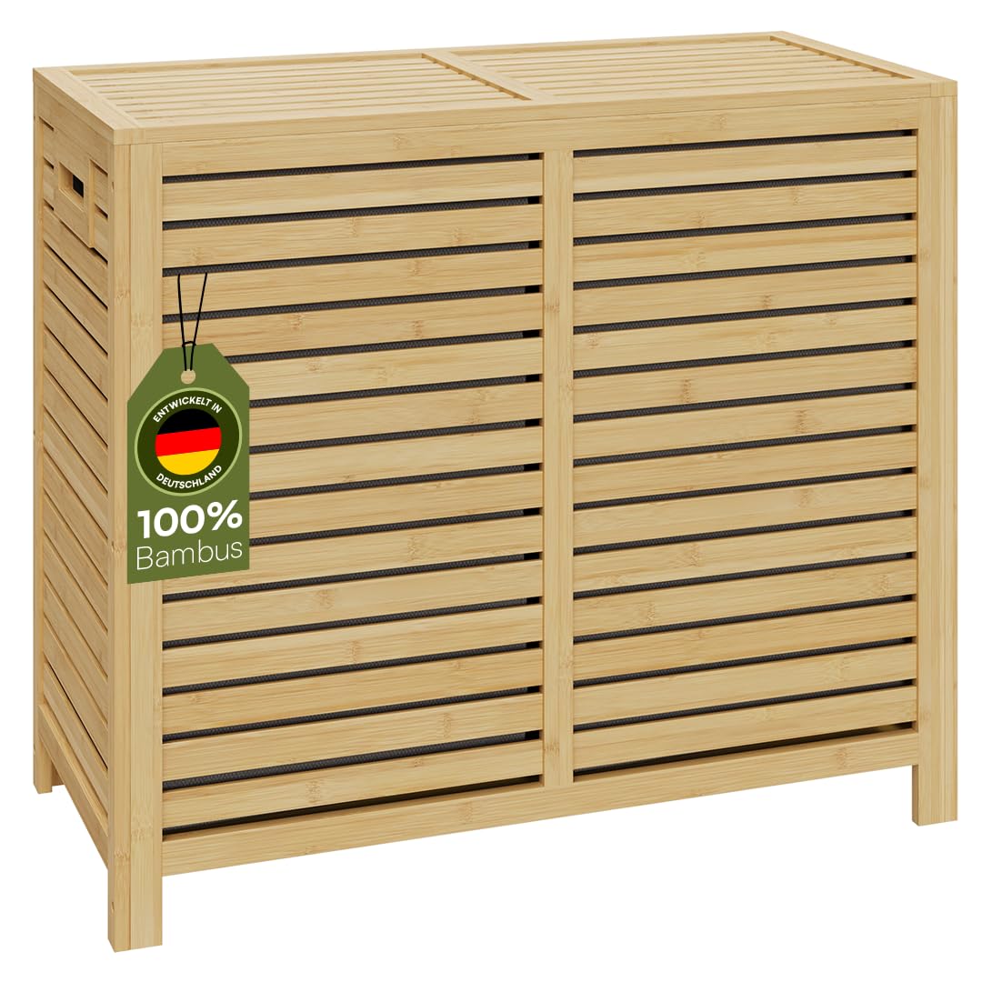 Bellamio Newa Wäschekorb aus Bambus – Wäschesammler mit 2 Fächern je 60 L – Wäschetonne mit Deckel – Wäschesack herausnehmbar & waschbar aus Oxford Gewebe – Wäschetruhe – Wäschebox 62x33x70 cm (HxTxB)