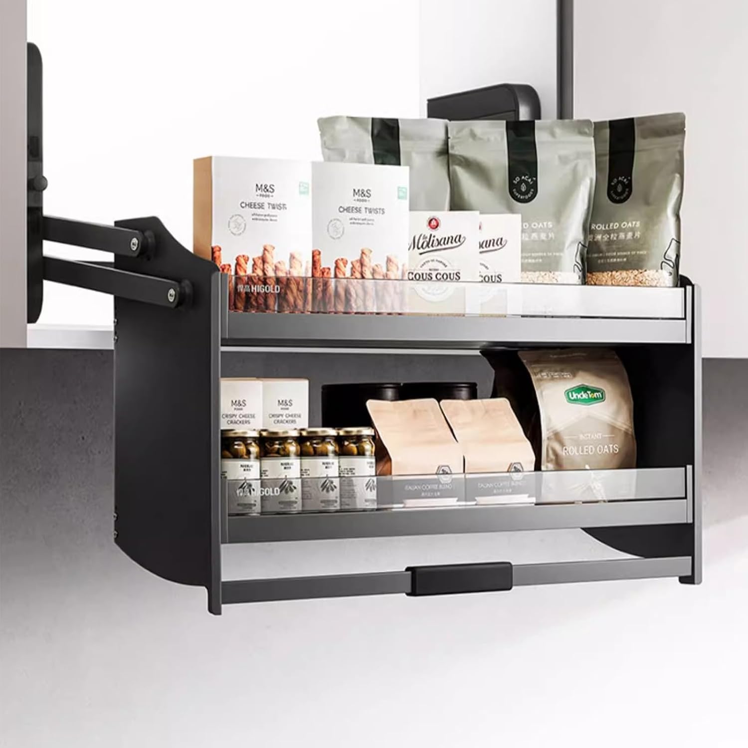 Kitchen Organizer Pull-Out Cabinet Organizer, 2 Tier Kitchen Cabinet Pull Down Shelf High Cabinet Pull Down Shelf for Kitchen Bar Cafe Cabinets Pantries (Color : Noir, Size : 750)