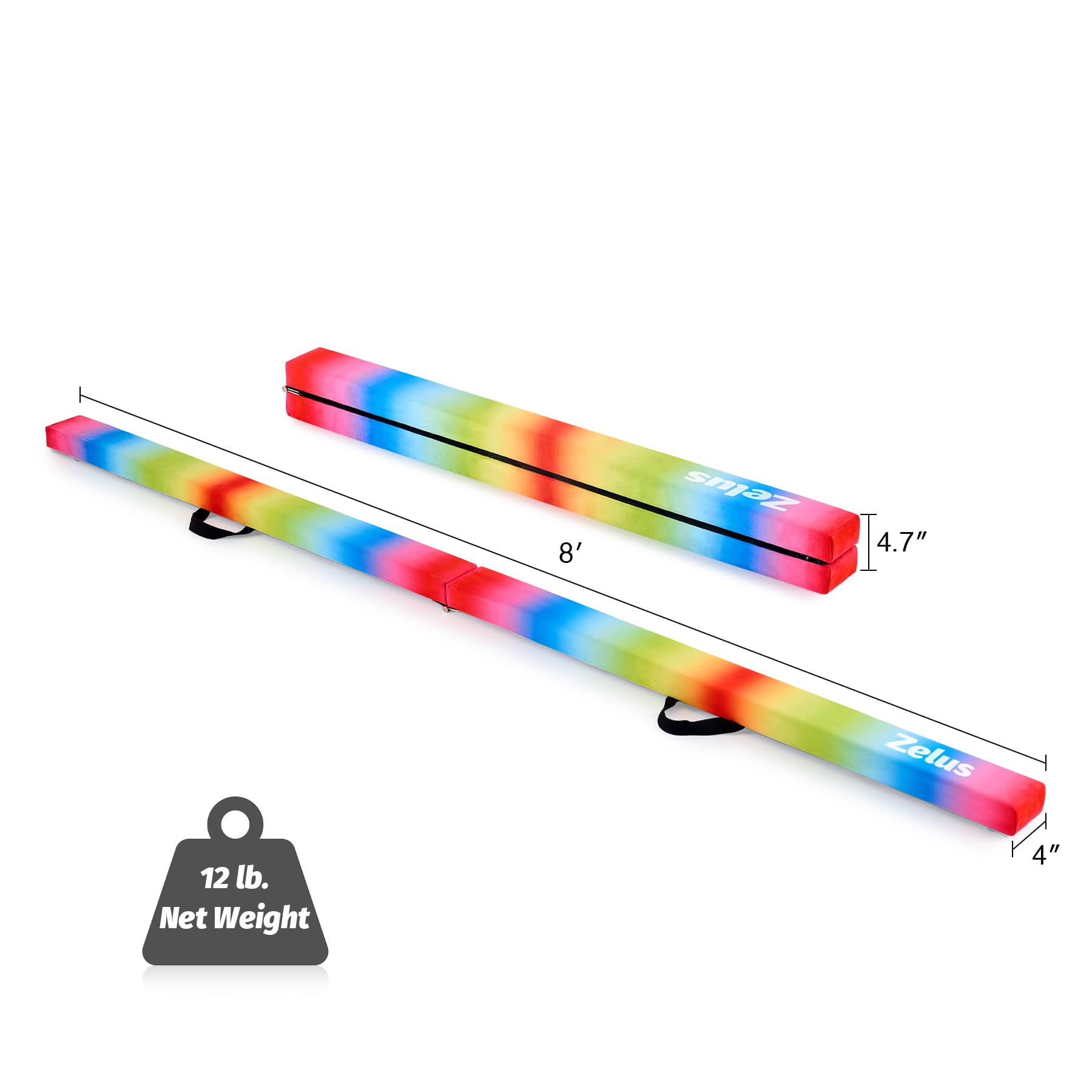 ZELUS 8' Folding Gymnastics Balance Beam, Floor Balance Beam w/Carry Handles Anti-Slip Base for Kids, Beginners & Professional Gymnasts (8 ft, Rainbow)